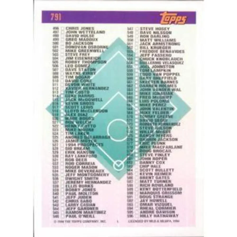 1994 Topps Checklist: 496-693 CL, UER # 791
